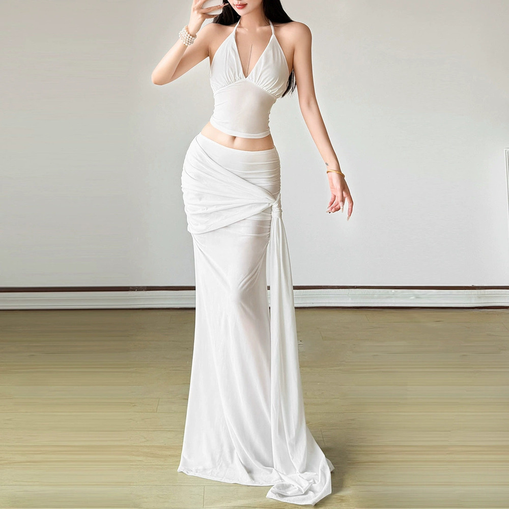H&M Spring Deep V Neck Halter Top and Solid Mesh Skirt Set